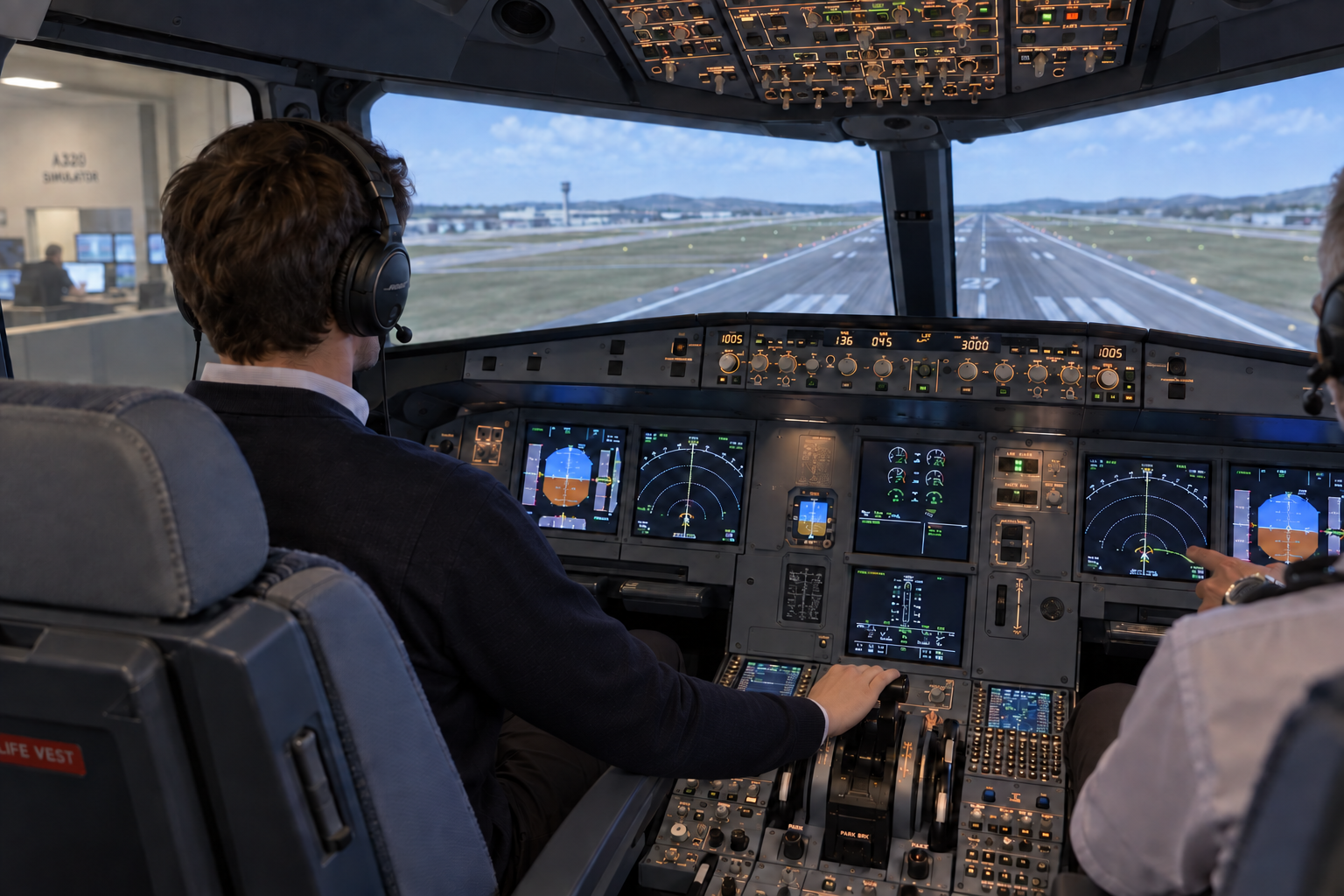 Flugschüler im A320-Simulator mit rechter Hand auf den Schubhebeln – KI-Illustration