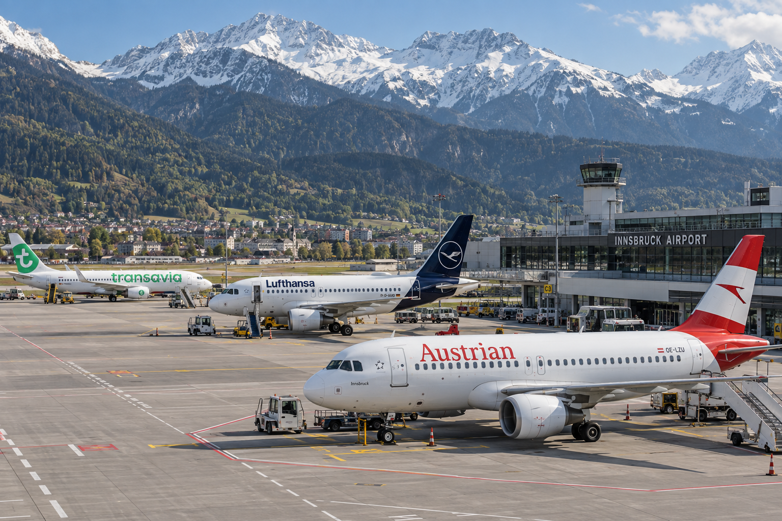 Austrian, Lufthansa und Transavia in Innsbruck – KI-generierte Illustration