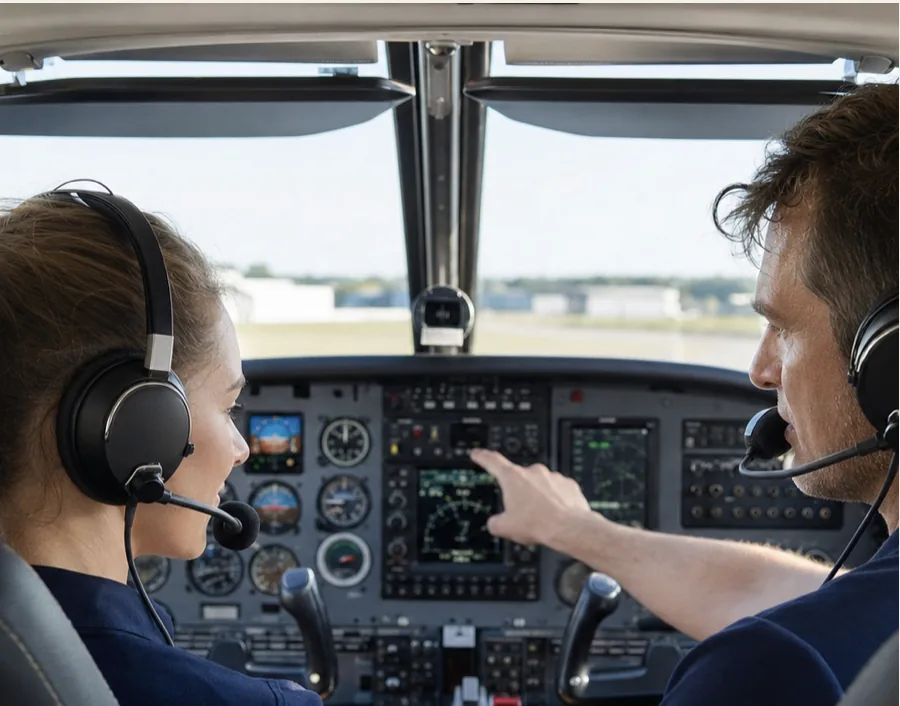 Flugschülerin mit Fluglehrer im Cockpit